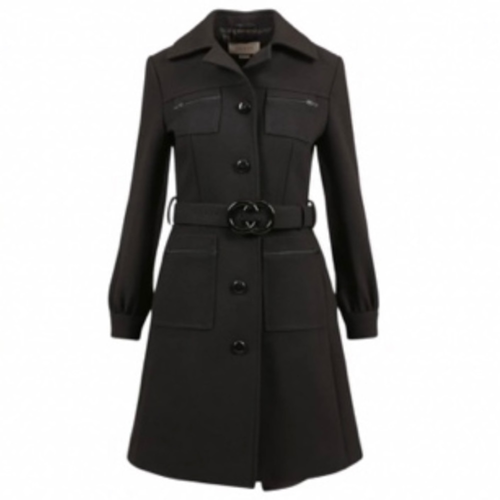 GUCCI black wool jacket large logo belt button down cuff long coat Luxury NWT - Picture 2 of 14